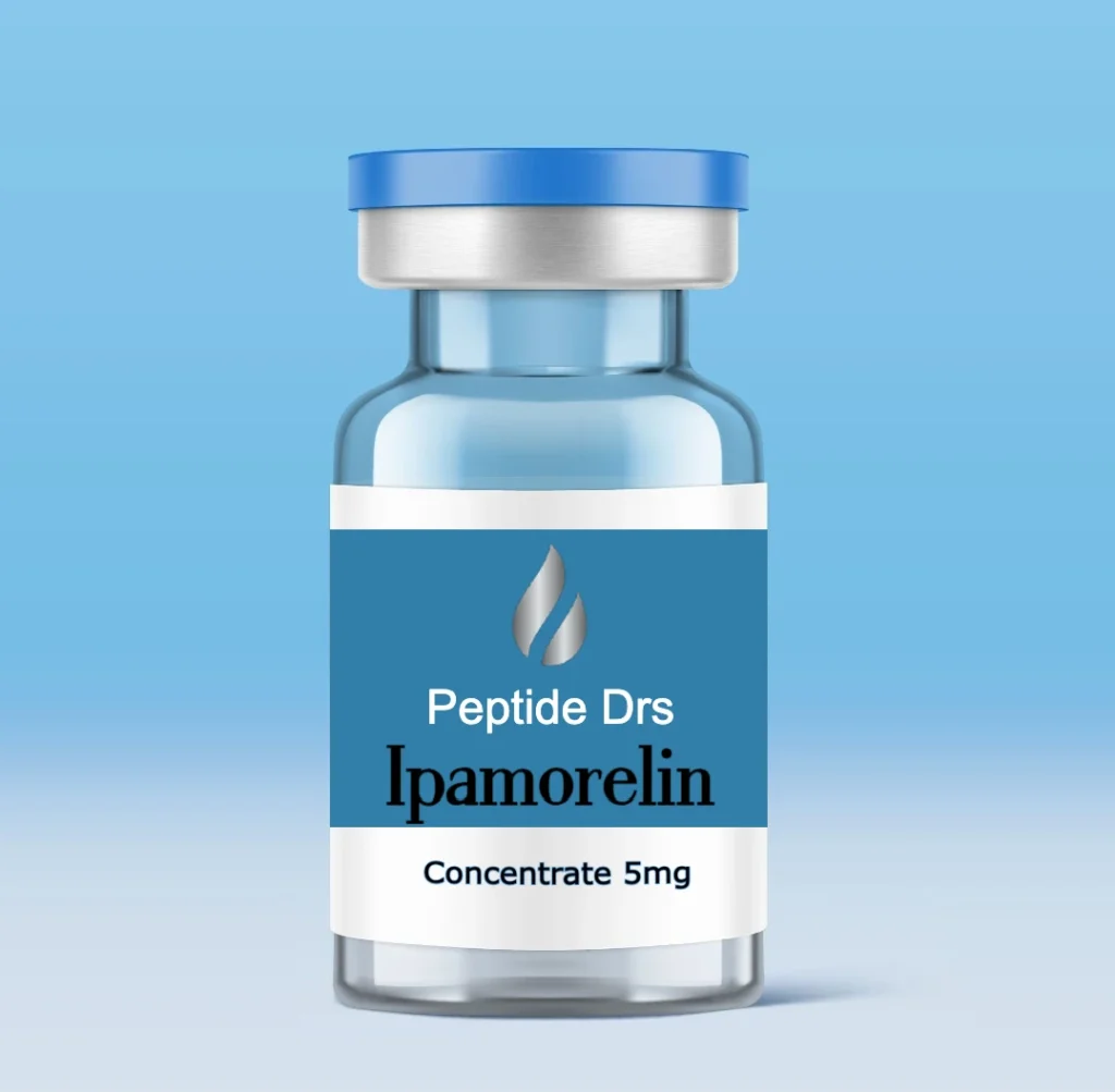 A glass vial labeled "Peptide Drs Ipamorelin Concentrate 5mg" with a blue and white label, featuring a silver droplet logo. The vial has a blue cap, and the background is a gradient of light blue shades.