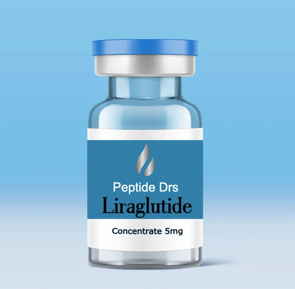 A small glass vial with a blue cap, labeled "Peptide Drs Liraglutide Concentrate 5mg" against a blue gradient background. The vial has a white and blue label with a droplet icon and text in black and white, symbolizing the powerful peptides for fat loss it contains.