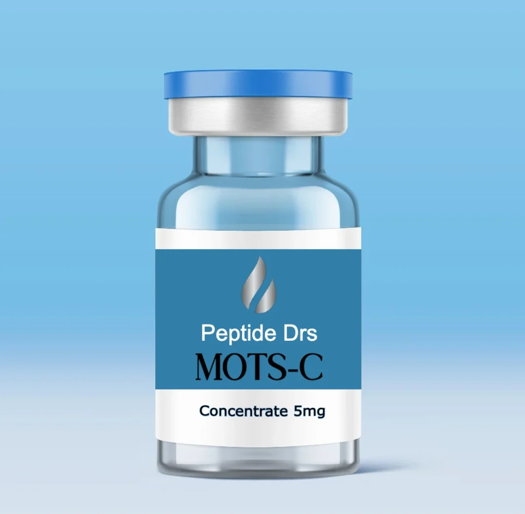 A small clear glass vial with a blue cap, labeled "Peptide Drs MOTS-C" and "Concentrate 5mg." The label has a sleek design with a blue background and a silver droplet symbol above the text. The background of the image is a light blue gradient.