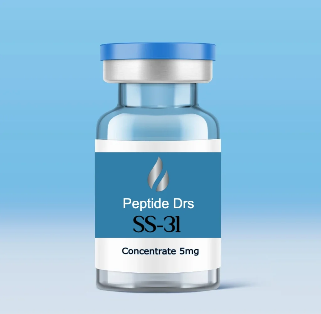 A small, clear glass vial with a silver and blue cap is labeled "Peptide Drs SS-31 Concentrate 5mg" against a gradient light blue background. The label features a droplet logo. The vial appears to contain a medical or pharmaceutical substance.