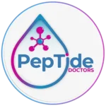 Logo of "PepTide Doctors" featuring a gradient blue and pink droplet with a molecular structure inside. The text "PepTide" is in blue and "DOCTORS" in pink, both centered within the droplet.